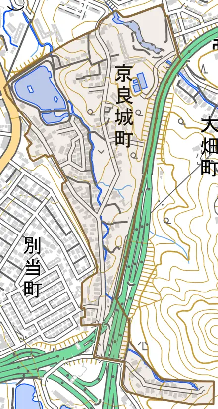京良城町とその周辺の地図。町の範囲を重ねている