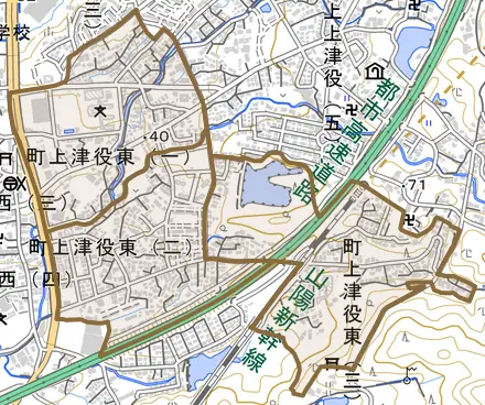 町上津役東とその周辺の地図。町の範囲を重ねている