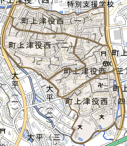 町上津役西とその周辺の地図。町の範囲を重ねている