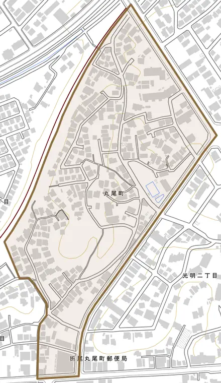 丸尾町とその周辺の地図。町の範囲を重ねている
