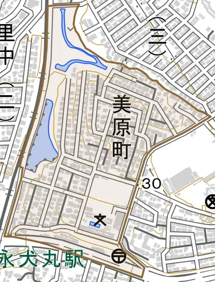 美原町とその周辺の地図。町の範囲を重ねている
