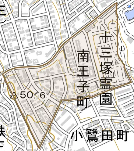 南王子町とその周辺の地図。町の範囲を重ねている