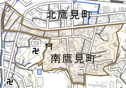 南鷹見町とその周辺の地図。町の範囲を重ねている