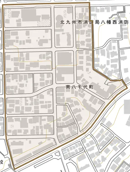 南八千代町とその周辺の地図。町の範囲を重ねている