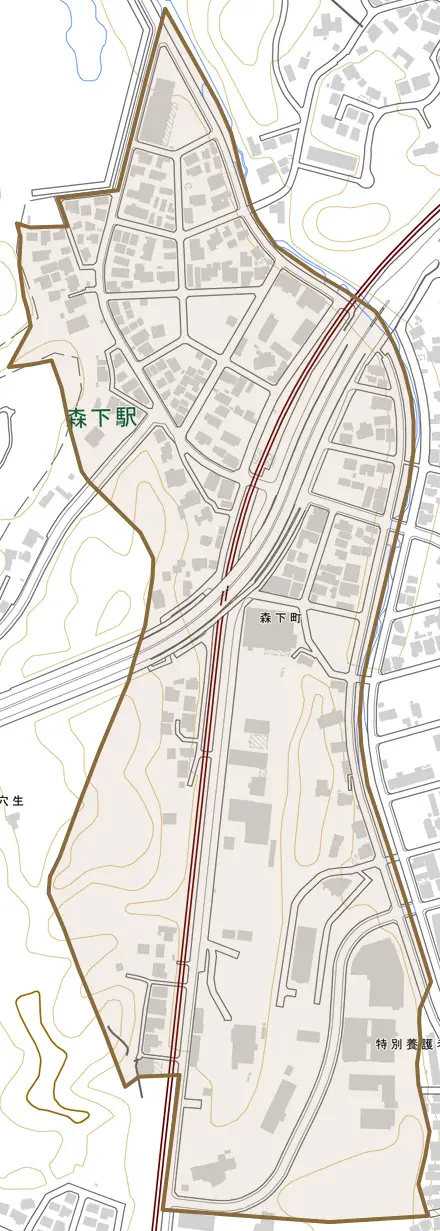 森下町とその周辺の地図。町の範囲を重ねている