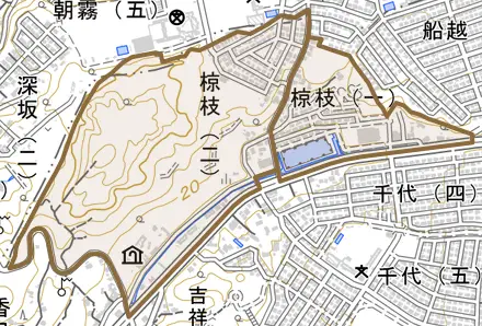 椋枝とその周辺の地図。町の範囲を重ねている