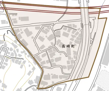 長崎町とその周辺の地図。町の範囲を重ねている