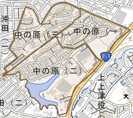 中の原とその周辺の地図。町の範囲を重ねている