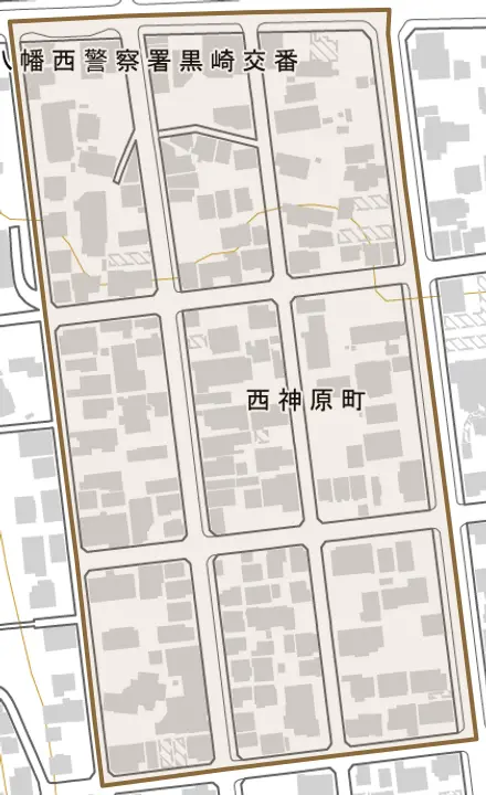 西神原町とその周辺の地図。町の範囲を重ねている
