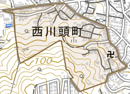 西川頭町とその周辺の地図。町の範囲を重ねている
