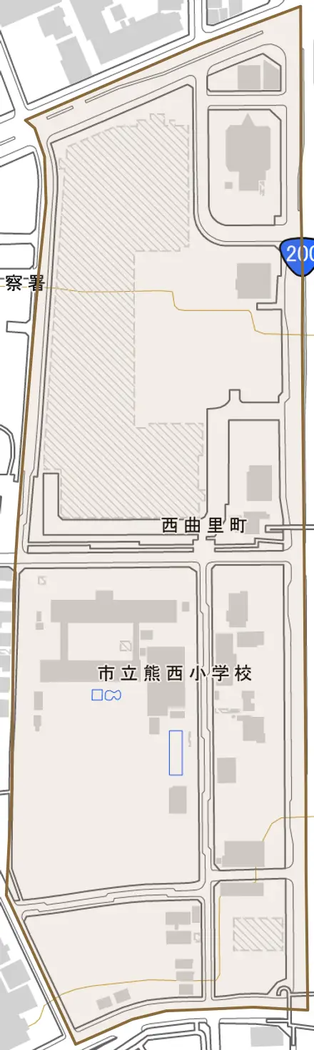 西曲里町とその周辺の地図。町の範囲を重ねている