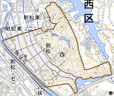 大字則松とその周辺の地図。町の範囲を重ねている
