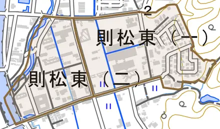 則松東とその周辺の地図。町の範囲を重ねている