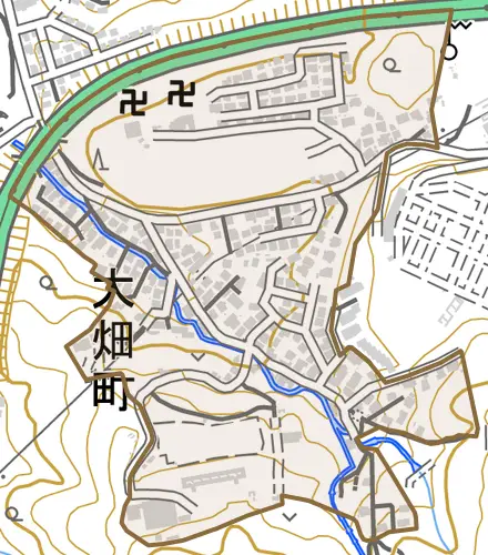 大畑町とその周辺の地図。町の範囲を重ねている