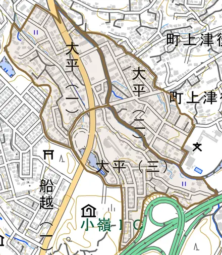 大平とその周辺の地図。町の範囲を重ねている