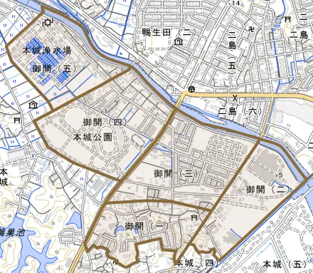 御開とその周辺の地図。町の範囲を重ねている