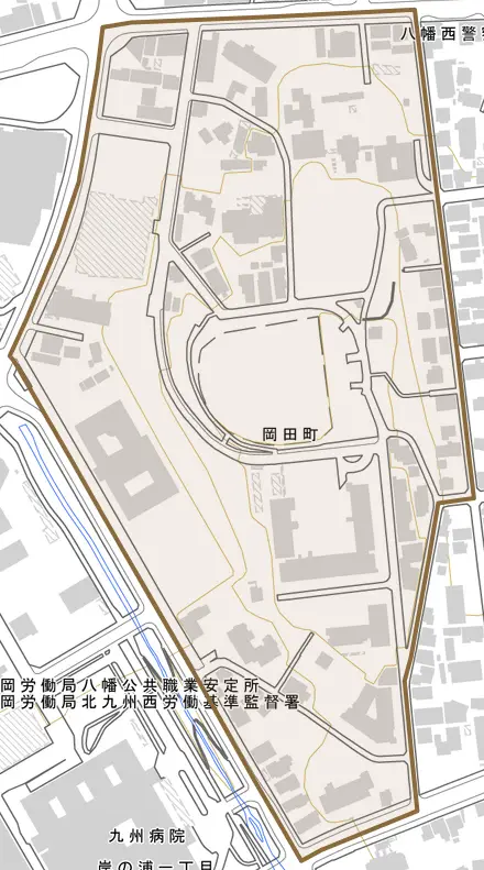 岡田町とその周辺の地図。町の範囲を重ねている
