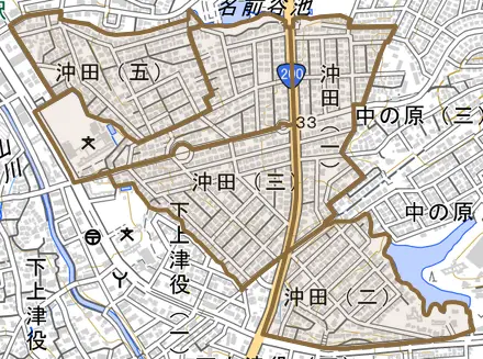 沖田とその周辺の地図。町の範囲を重ねている