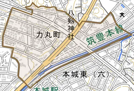 力丸町とその周辺の地図。町の範囲を重ねている