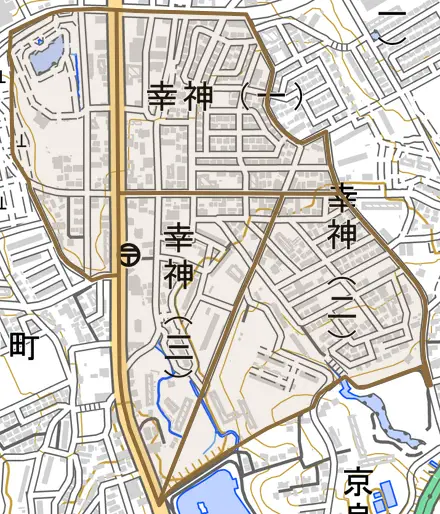 幸神とその周辺の地図。町の範囲を重ねている