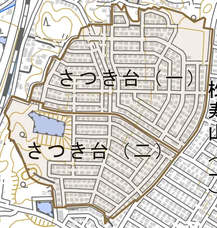 さつき台とその周辺の地図。町の範囲を重ねている
