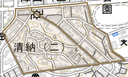 清納とその周辺の地図。町の範囲を重ねている