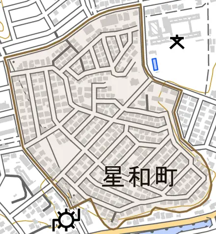 星和町とその周辺の地図。町の範囲を重ねている