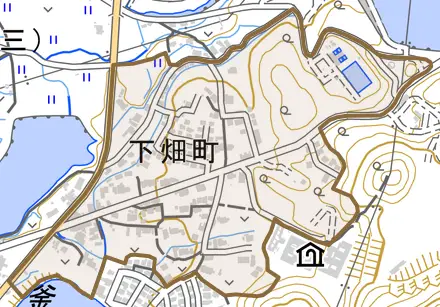 下畑町とその周辺の地図。町の範囲を重ねている
