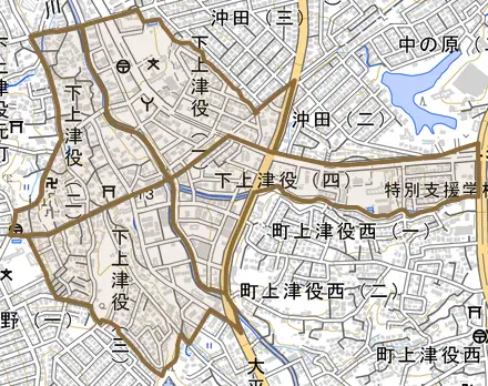 下上津役とその周辺の地図。町の範囲を重ねている