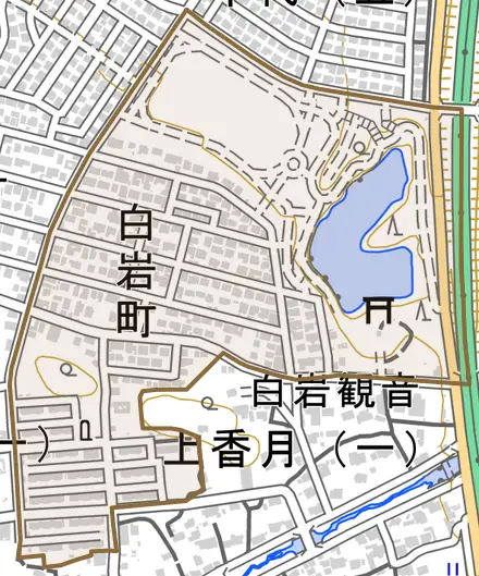 白岩町とその周辺の地図。町の範囲を重ねている