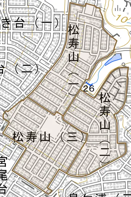 松寿山とその周辺の地図。町の範囲を重ねている