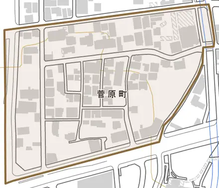 菅原町とその周辺の地図。町の範囲を重ねている