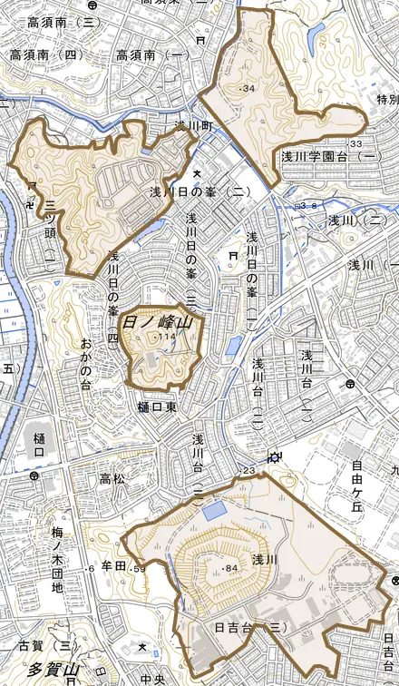 大字浅川とその周辺の地図。町の範囲を重ねている