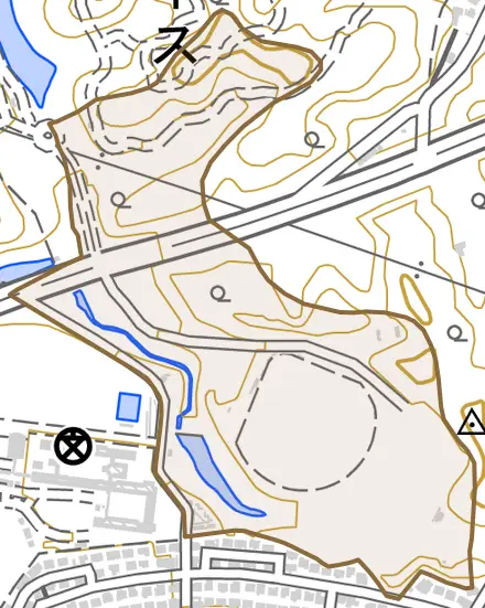 大字穴生とその周辺の地図。町の範囲を重ねている
