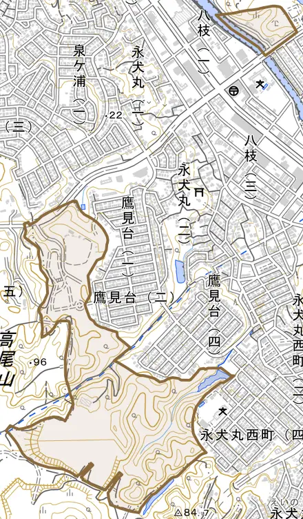 大字永犬丸とその周辺の地図。町の範囲を重ねている