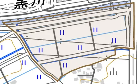 大字香月とその周辺の地図。町の範囲を重ねている