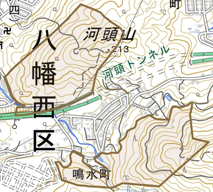 大字鳴水とその周辺の地図。町の範囲を重ねている