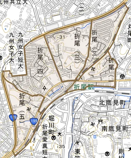 折尾とその周辺の地図。町の範囲を重ねている