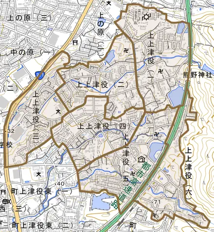 上上津役とその周辺の地図。町の範囲を重ねている