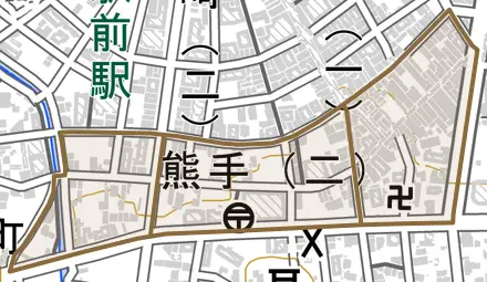 熊手とその周辺の地図。町の範囲を重ねている