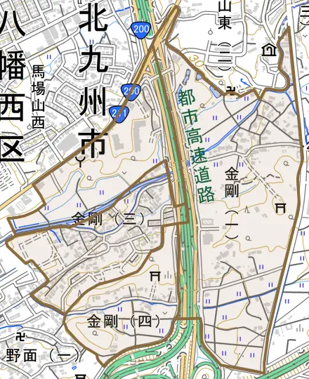 金剛とその周辺の地図。町の範囲を重ねている