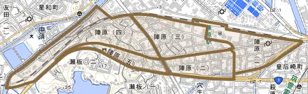 陣原とその周辺の地図。町の範囲を重ねている