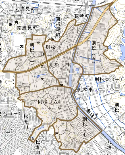 則松とその周辺の地図。町の範囲を重ねている