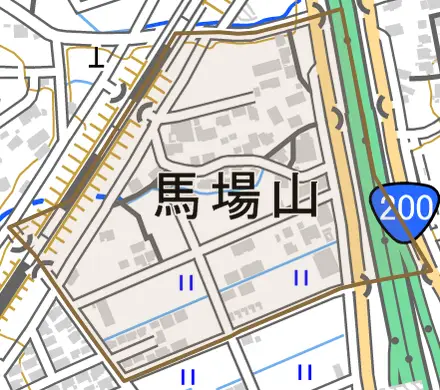 馬場山とその周辺の地図。町の範囲を重ねている