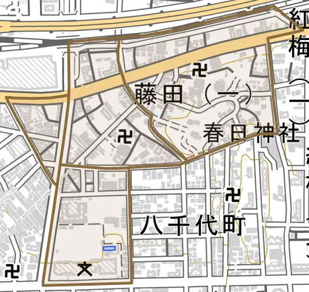 藤田とその周辺の地図。町の範囲を重ねている