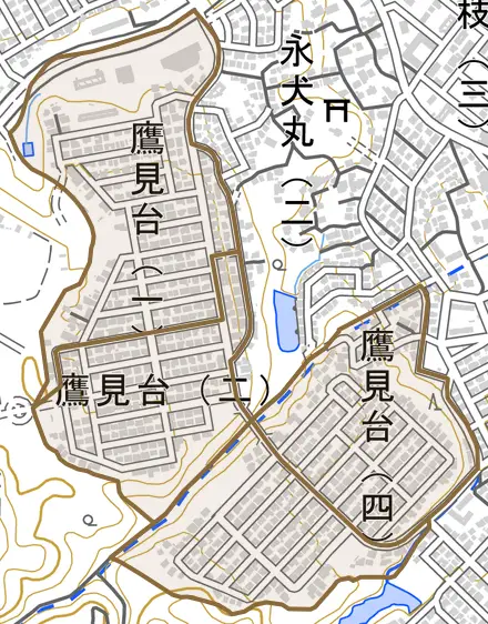 鷹見台とその周辺の地図。町の範囲を重ねている