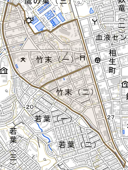 竹末とその周辺の地図。町の範囲を重ねている