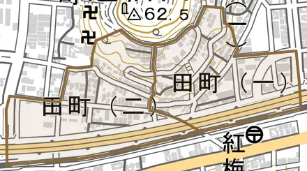 田町とその周辺の地図。町の範囲を重ねている