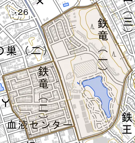鉄竜とその周辺の地図。町の範囲を重ねている