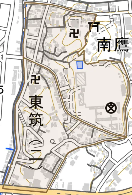 東筑とその周辺の地図。町の範囲を重ねている